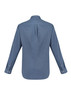 A blue long sleeve button-up shirt with a back pleat and buttoned cuffs, featuring a logo.