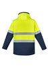 A unisex hi-vis Antarctic softshell jacket in bright yellow and navy, featuring reflective strips and a hood.