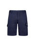 Navy work shorts featuring multiple pockets and a logo. Ideal for comfort and practicality in workwear.