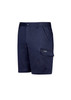 Navy blue men's shorts featuring pockets and a logo, designed for workwear and comfort.