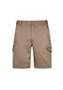 A pair of khaki work shorts featuring side pockets and a waistband with a logo. Suitable for workwear.