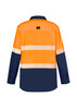 A long sleeve shirt featuring segmented reflective tape, in bright orange and navy blue, with a logo on the back.