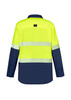 A long sleeve work shirt in hi-vis yellow and navy, featuring reflective segmented tape and a brand label.