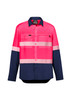 A long sleeve segmented tape shirt in high visibility pink and navy, featuring reflective stripes and a pocket.
