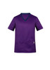 A purple men's scrub top with a contrasting collar, featuring short sleeves and a front pocket.