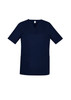 A navy blue women's scrub top with short sleeves and two front pockets, featuring a logo.