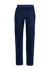 Navy straight leg scrub pants with an elastic waistband and a side pocket, featuring a logo. 
