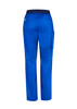A pair of blue women's straight leg scrub pants with a pocket, featuring an elastic waistband and a logo.