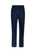 Navy scrub pants with an elastic waistband and a side pocket, featuring a logo on the design.