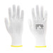 A pair of white gloves with a yellow cuff, featuring a logo and product details on one glove.