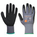 A pair of grey and black Dermiflex gloves with a textured grip and a green cuff. The gloves feature a logo.