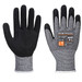A pair of black and grey cut-resistant gloves with a textured grip and a label on one glove.