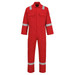 A red coverall with reflective stripes, featuring two front pockets and long sleeves, suitable for work uniforms.