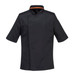 A black short-sleeved chef jacket with orange accents and a side logo.