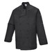 A black chef jacket with a double-breasted design and a zippered pocket on the sleeve. It features a logo.
