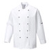 A white chef jacket with a double-breasted design and black buttons, featuring a logo on one sleeve.