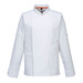 A white chef jacket with long sleeves and a stand-up collar. It features a logo on one sleeve.