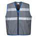 A grey mesh cooling vest with blue trim and reflective strips, featuring a front zipper. Branding is visible.