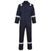 A navy blue antistatic coverall with reflective stripes and a logo on the chest. It features long sleeves and a zip-up front.