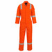 An orange FR antistatic coverall with reflective strips, designed for safety wear uniforms, featuring a logo.
