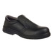 A black slip-on safety shoe with a sturdy design and a cushioned interior. Suitable for various work environments.