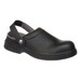 A black safety clog featuring a back strap and a sturdy sole, designed for safety wear. It has a logo on the side.