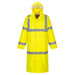 A high-visibility yellow coat with reflective strips, featuring a hood and long sleeves. It has a logo on the front.