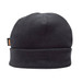 A black fleece beanie featuring a logo. The hat has a rolled cuff design for added warmth.