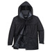A black puffer jacket with a hood, featuring a zip and button front, and multiple pockets. It has an interior lining.