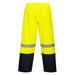 Bright yellow waterproof pants with reflective stripes and dark navy sections at the bottom. Includes an elastic waistband.