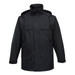 A black classic jacket featuring a hood, multiple pockets, and a front button closure. It includes a logo on the fabric.