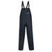 A pair of black overalls with adjustable straps and a pocket, featuring a logo on the front.