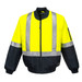 A high-visibility bomber jacket in yellow and black with reflective stripes and a zippered front. Features a pocket on the arm.