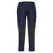 Navy blue women's stretch slim fit trade pants featuring cargo pockets and a logo.