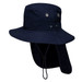 A navy blue wide brim hat with ventilation grommets and a neck flap for sun protection. It features a logo.