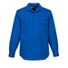 A blue lightweight long-sleeve button-up shirt with two front pockets and a branded label.