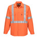 An orange flame resistant X-back shirt with silver reflective stripes and two chest pockets, featuring a branding logo.