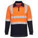 A high-visibility fleece jumper in orange and black with reflective stripes and a zip neck. It features a logo.