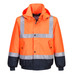 A high-visibility jacket in bright orange with reflective stripes and a navy blue lower section, featuring a hood and pockets.