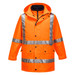 An orange work jacket with reflective stripes and a hood. It features pockets and a zip closure.