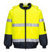 A high-visibility bomber jacket featuring bright yellow fabric with reflective strips and navy blue accents.