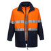 A high-visibility work jacket featuring orange and navy colours with reflective stripes and a zip front.