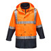 A Hi-Vis 4in1 jacket featuring bright orange and black colours, with reflective strips and a hood. It has a logo.