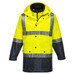 A yellow and black Hi-Vis 4in1 jacket with reflective strips and a hood, featuring a logo.