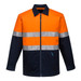 A quilt padded cotton jacket featuring orange and navy colours with reflective stripes and a branding logo.