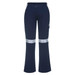 Ladies cargo pants in navy blue with reflective stripes and a side pocket. The pants have a branded logo.