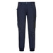 A pair of navy work pants with a slim fit and cuffed design, featuring multiple pockets and a logo.