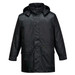 A black rain jacket featuring a hood and button closure, with two front pockets and a branded logo.