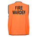 An orange vest with black text reading "FIRE WARDEN." The vest features a simple design and has a branding logo.