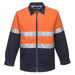 A wool blend jacket featuring blue and orange panels with reflective strips. It has a front zip and a collar.